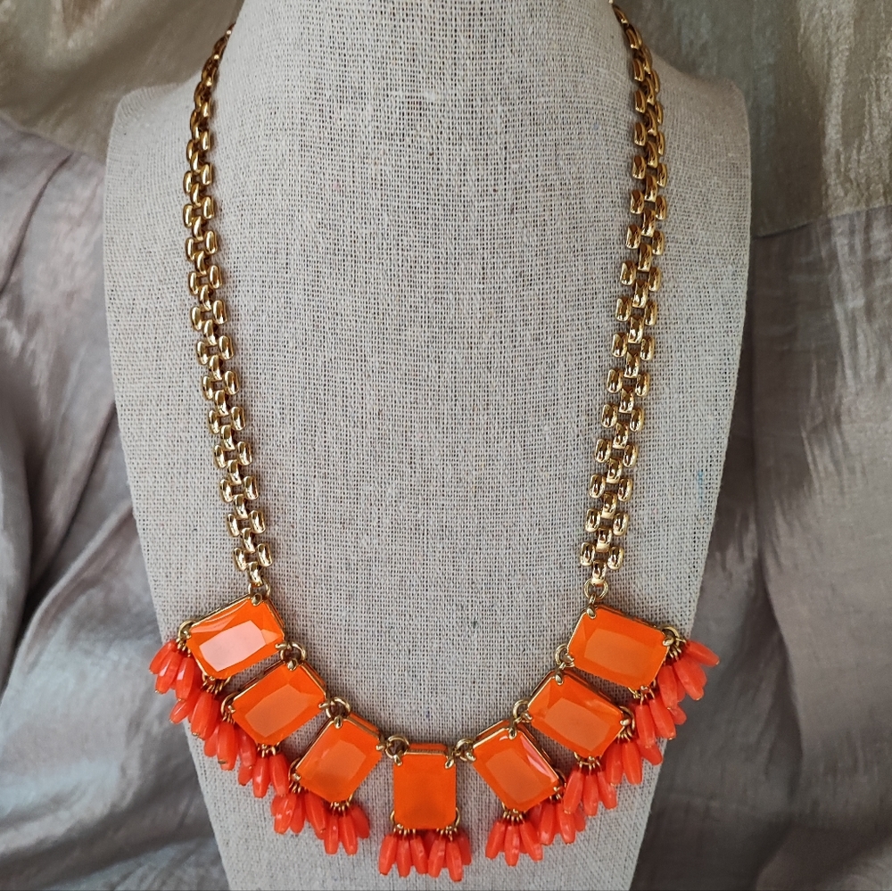 J. Crew Neon Bright Orange Statement Necklace Gold Tone Hardware Emerald Cut EUC